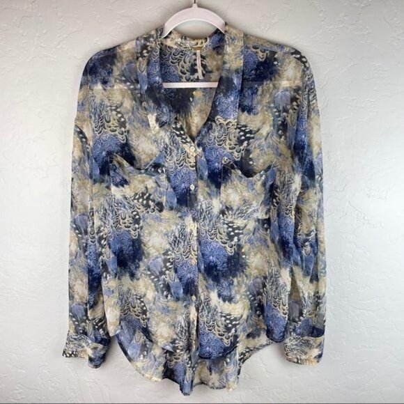 Free People Easy Rider Sheer Chiffon Button Down Blouse Cream and Blue Women's S - Picture 2 of 8